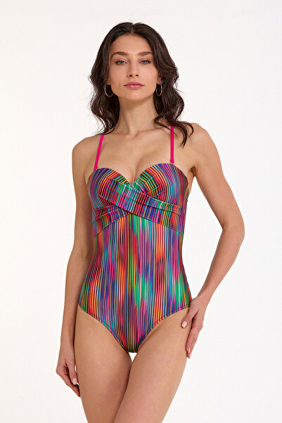 Argento Women's Fuchsia Striped Patterned Draped Wired Covered Strapless Swim...