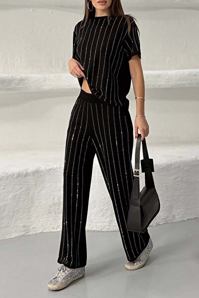 XXL BUTİK Women's Black Striped Stone Detailed Trousers T-Shirt Set Esr028