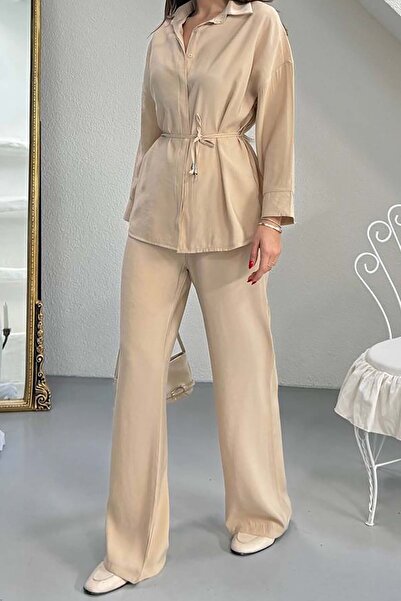 XXL BUTİK Women's Beige Modal Shirt Collar Ruched Detail Pant Suit Esr045