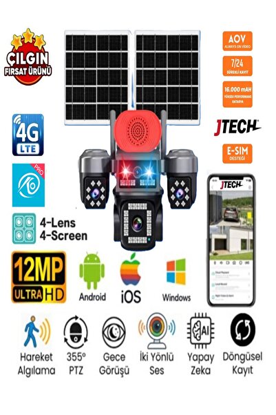 jtech O-Kam OK-337 Premium 4g 12MP Sim Kartlı 2xSolar Panelli Çakarlı 4 Kamer...