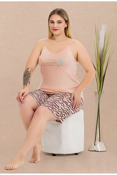 by İGP Salmon Spaghetti Strap Large Size Zebra D Patterned Shorts Set