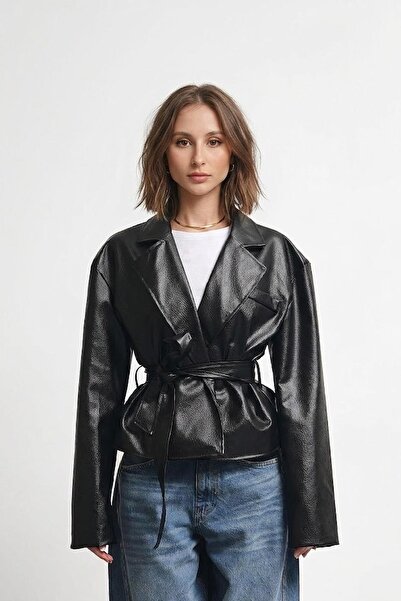 Jaglion New Season Double-Breasted Belted Buttoned Leather Jacket