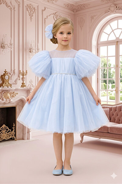 TARZMANYA KİDS KIZ ÇOCUK BUZ MAVİSİ TÜL DETAYLI ŞIK ABİYE
