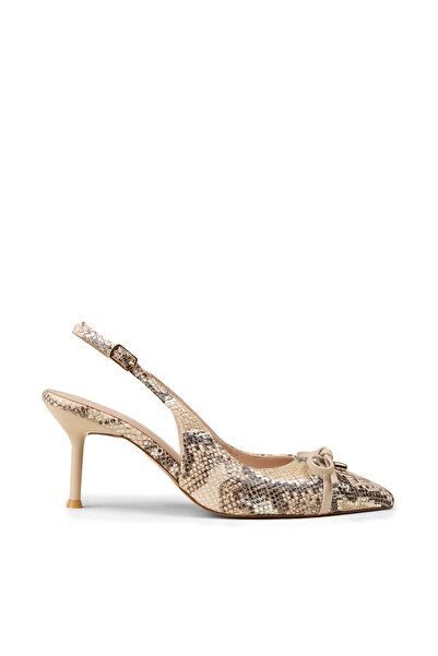 Deery Women's Beige Bow Detail Yılan Patterned Evening Dress Shoes