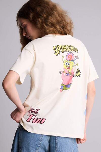 DeFacto Тениска с къс ръкав и принт на Спънджбоб с голям велосипеден яки H025...