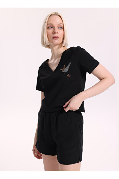 Fabrika Siyah Kadın Regular Fit Baskılı T-Shirt F6SL-TST0298