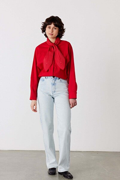 FACETTE Accent Embroidered Oversized Shirt Red