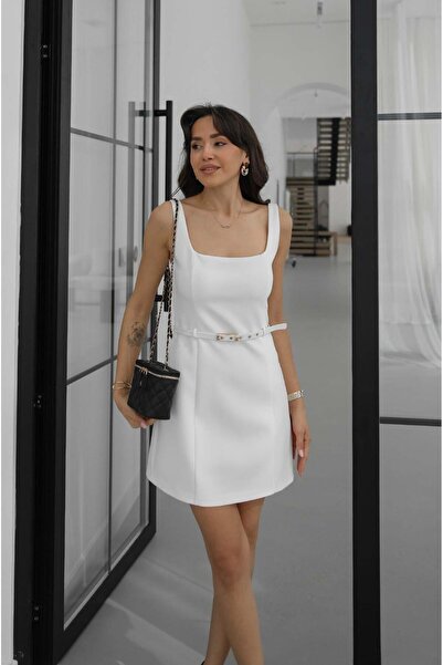 Havoş Rochie mini ecru cu bretele, pachet de curea