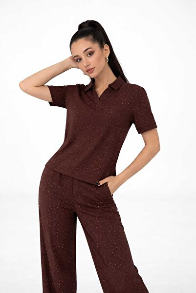 lubiti قماش مودال قماش ياقة قميص كريستال مرصّع بالأحجار طقم من قطعتين علوية و...