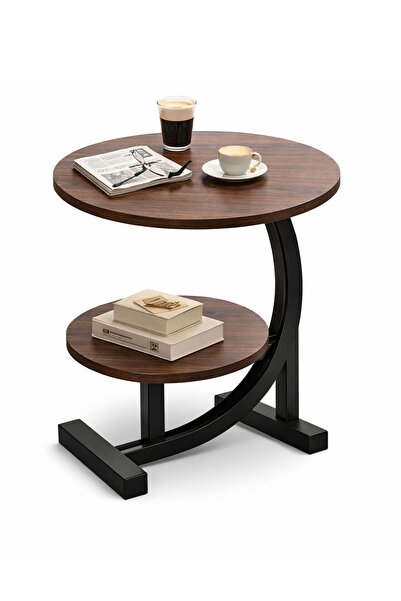 TSUMAB طاولة جانبية مستديرة من طبقتين - سطح من خشب MDF بني اللون مع إطار من ا...