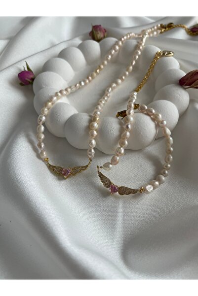 MAISON PERLE Jewelry Volan 2'li Set Kolye ve Bİleklik Gerçek İnci Melek Kanad...