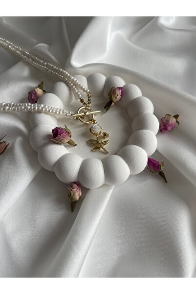 MAISON PERLE Jewelry Lilia Çift Sıra İnci Dizi, Geçmeli - Beyaz Güllü