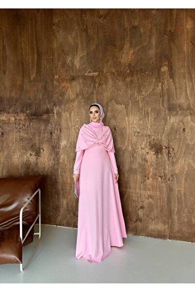 SAYRA Tesettür Şal Detaylı Taş İşlemeli Uzun Abiye Elbise – Leyla Model