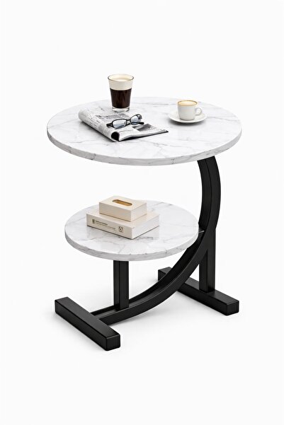 TSUMAB طاولة جانبية من الرخام مكونة من طبقتين - سطح من خشب MDF أبيض رخامي مع ...