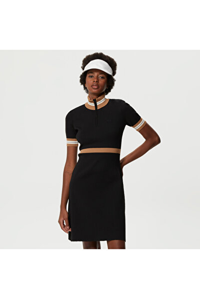 Lacoste Women's Flare Fit Short Sleeve Stand Collar Black Dress