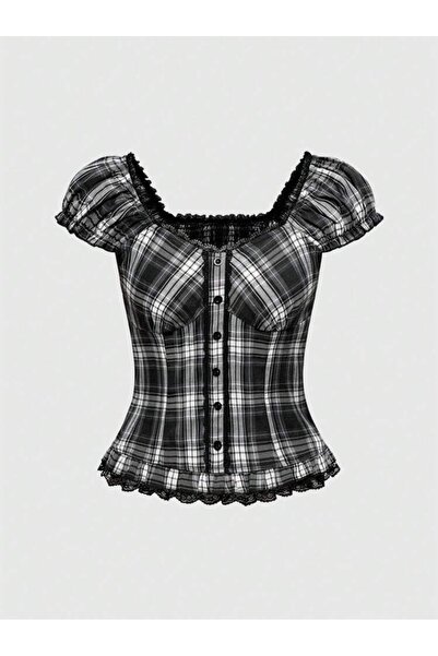 Köstebek Με κουμπιά, τετράγωνο γιακά, μαύρο και λευκό, Καρό τεμαχίων, vintage...