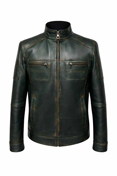 VİAMOD LEATHER Erkek Siyah Hakim Yaka Deri Mont %100 Saf Deri Eskitme Görünüm...