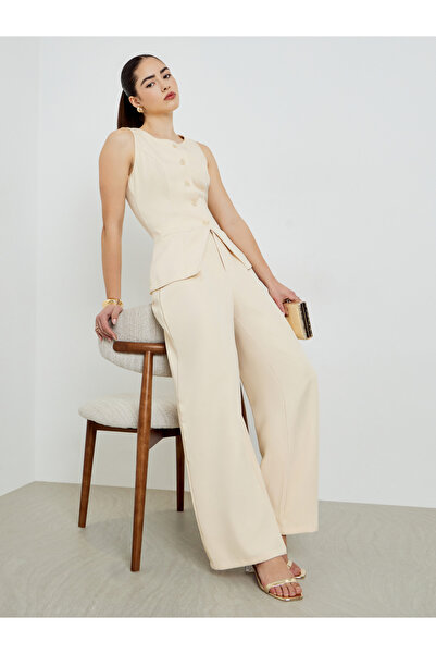 Styli Beige Front-Button Waistcoat and Wide Leg Trousers Co-ords
