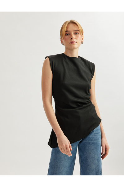 Koton Asymmetrical Cut Crew Neck Sleeveless Padded Shoulders Blouse