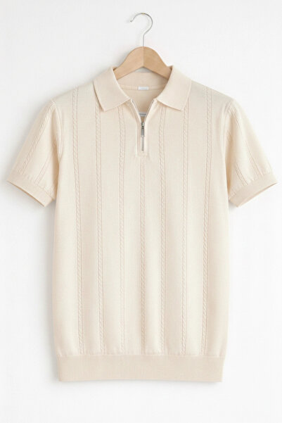 Edwox Tricou tricotat pentru bărbați cu gât polo cu model Crem Cd164