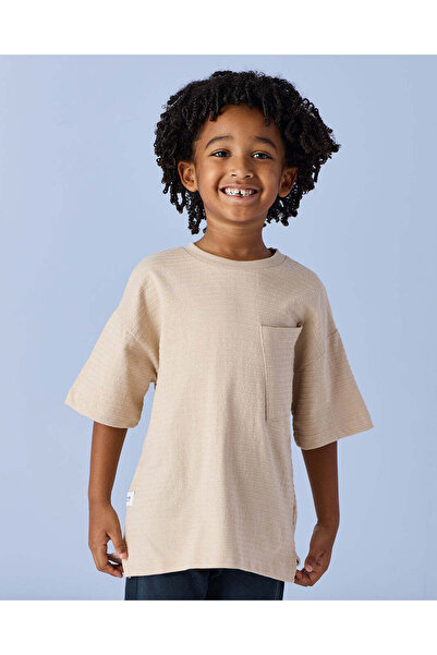 REDTAG Boys Beige Jacquard Stripe Loose Fit T Shirt