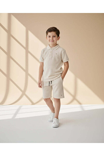 REDTAG Boys Beige Jacquard Polo T-Shirt With Shorts Set