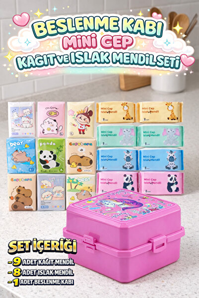 M&H 2 Katlı Beslenme Seti: 1 Adet Yemek Kabı + 9 Adet Kağıt Mendil + 8 Adet I...