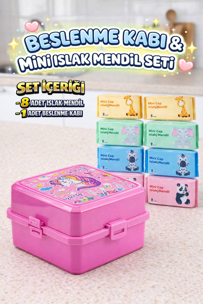 M&H 2 Katlı Beslenme Seti: 1 Adet Yemek Kabı + 8 Adet Islak Mendil