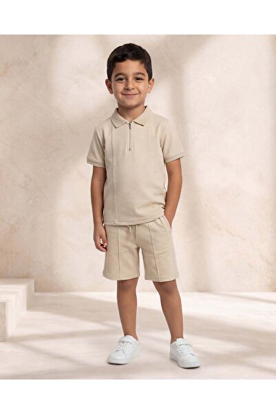 REDTAG Boys Beige 2 Piece Shirt With Short Set