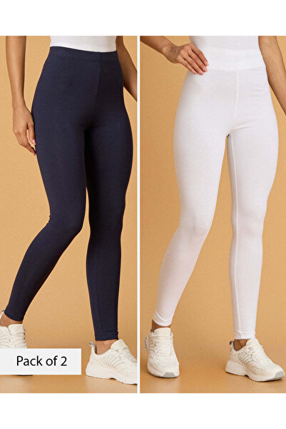 REDTAG بنطلون ضيق نسائي أسود وأبيض طويل، عبوة من قطعتين