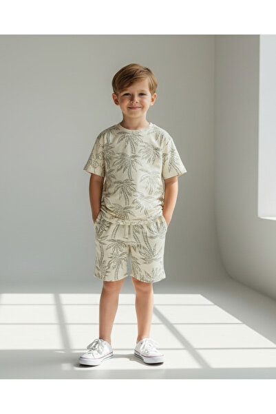 REDTAG Boys Ivory Palm Print T-Shirt With Shorts Set