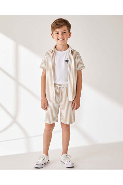 REDTAG Boys Beige Striped Seersucker Shirt & Shorts Set (3 Piece)