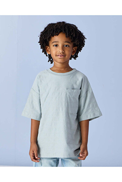 REDTAG Boys Green Jacquard Stripe Loose Fit T Shirt