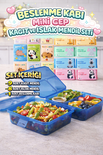 M&H 4 Bölmeli Beslenme Seti: 1 Adet Yemek Kabı + 9 Adet Kağıt Mendil + 8 Adet...