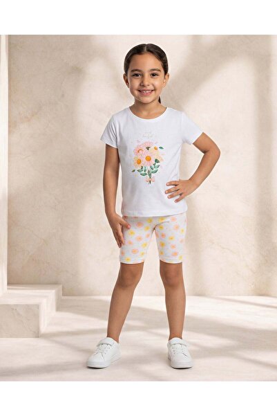 REDTAG Girls White Floral Print T-Shirt And Shorts Set