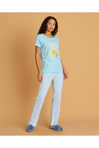 REDTAG Women Blue Chest Print Pyjama Set