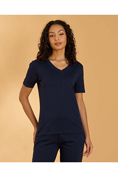 REDTAG Women Navy V-Neck Basic T-Shirt