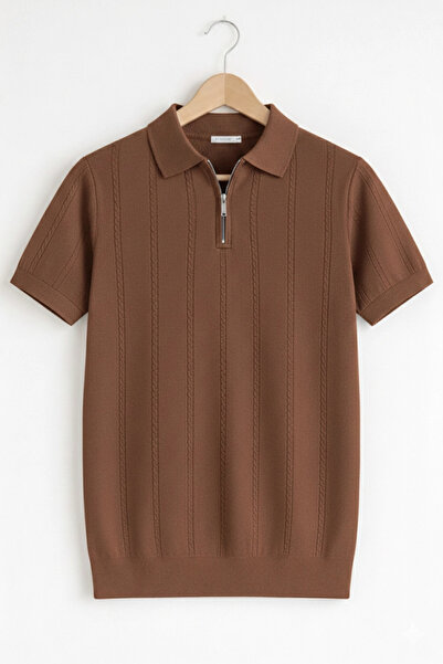 Edwox Tricou tricotat pentru bărbați cu gât polo cu model maro Cd164