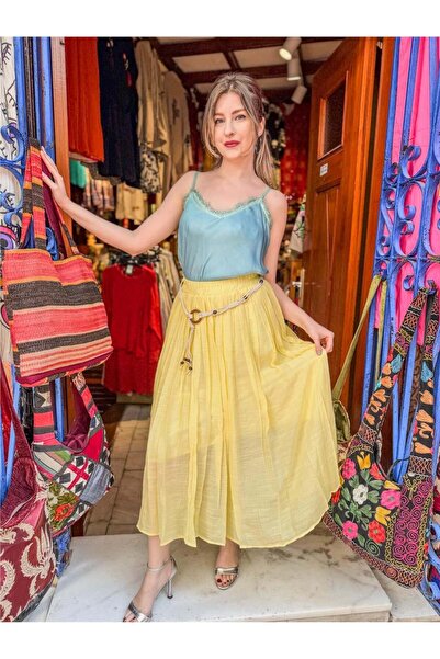 Miss Boheme Sarı Renk Makrome Kemer Detaylı Beli Lastikli Etek
