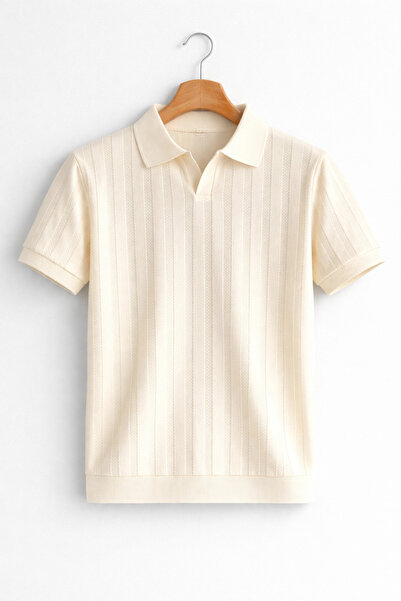 Edwox Ανδρικό πλεκτό μπλουζάκι με ανοιχτό γιακά Με σχέδιο Κρεμ Cd162