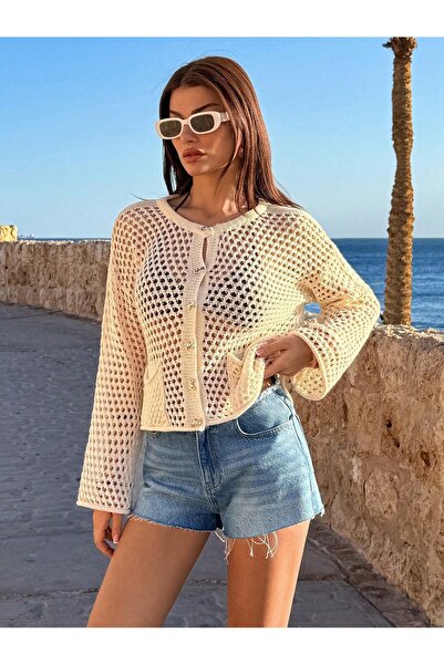 LUXETIQUE Ribbon Buttoned a Lace-Like Knit Cardigan