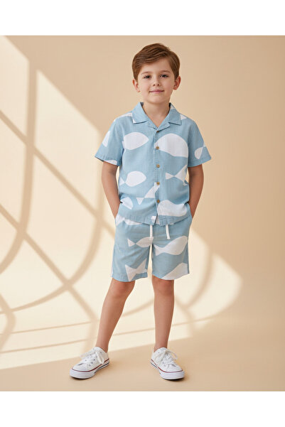 REDTAG Boys Blue Fish Print Shirt With Shorts Set