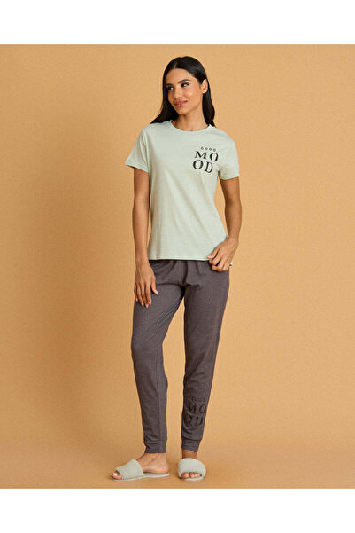 REDTAG Women Mint &Charcoal Printed Pyjama Set