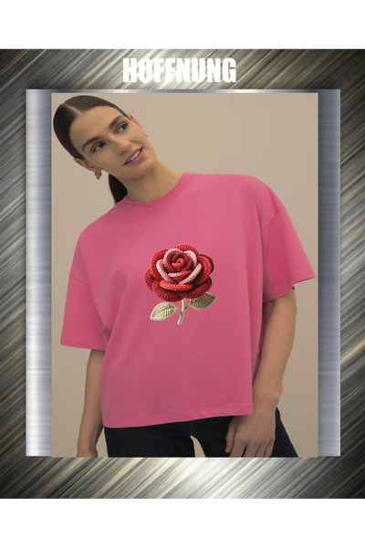 HOFFNUNG Unisex Short Sleeve Round Neck Red Pink Peige Rose Printed Solid Col...