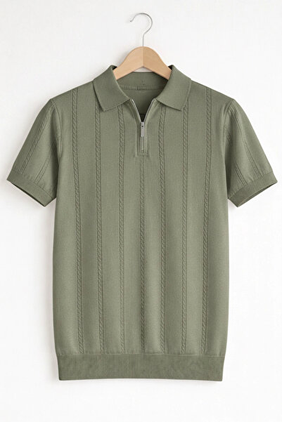 Edwox Tricou tricotat pentru bărbați cu gât polo cu model Verde deschis Cd164