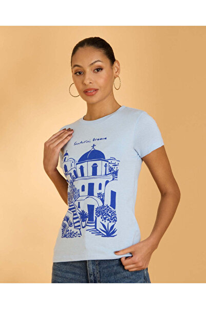 REDTAG Women Blue Printed T-Shirt