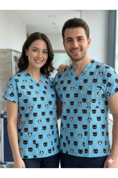 temex DESENLİ SCRUBS TEK ÜST SEVİMLİ HAYVAN DESENLİ HEMŞİRE DOKTOR FORMASI İŞ...