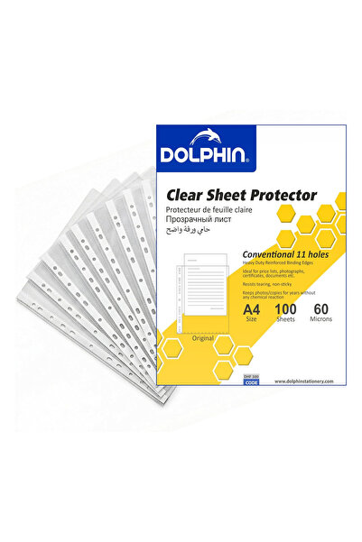 Dolphin A4 Transparent 11 Hole Document Sheet Protectors – 60 Micron PP, 100 ...