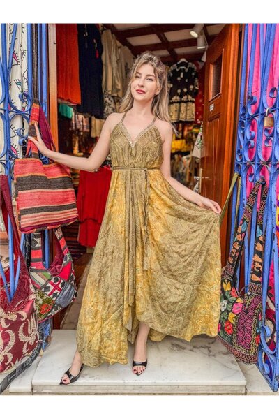 Miss Boheme Sarı Renk Floral Desenli Gold Detaylı Denizci Model Askılı İpek E...