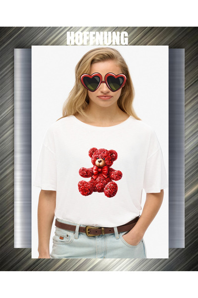 HOFFNUNG Unisex Short Sleeve Round Neck Red Rose Bear Printed Solid Color Tshirt